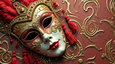 Ornate red and gold carnival mask on elegant embossed background.の素材