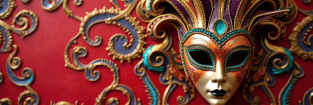 Ornate venetian masquerade mask on decorative red background.の素材