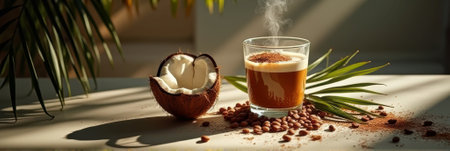 Tropical coconut coffee with cocoa in sunlit setting. That the image is generated using AI.の素材