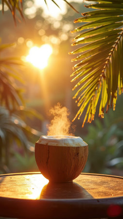 Steaming coffee in coconut cup amidst tropical sunrise. That the image is generated using AI.の素材