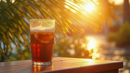 Tall glass of iced coffee on wooden table with warm sunset and palm leaves. That the image is generated using AI.の素材
