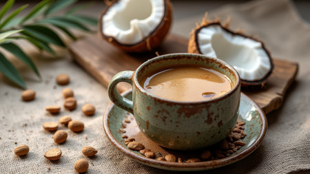 Rustic coconut coffee arrangement with almonds on wooden board. That the image is generated using AI.の素材