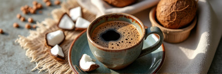 Rustic coffee with fresh coconut pieces on cozy table setting. That the image is generated using AI.の素材