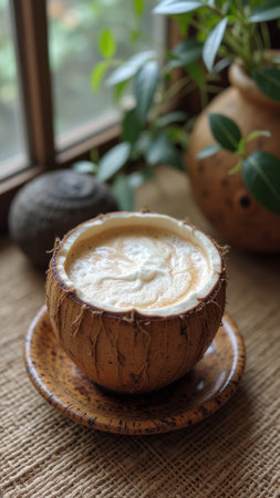 Creamy cappuccino in coconut shell mug with foam by window and green plants. That the image is generated using AI.の素材