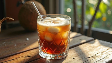 Refreshing iced coffee with ice cubes and straw in sunlit setting. That the image is generated using AI.の素材