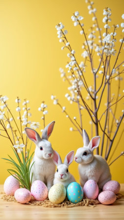 Three white bunnies with easter eggs and blossoms on yellow background. That the image is generated using AI.の素材