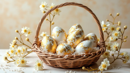 Elegant basket of gold-decorated easter eggs with white flowers. That the image is generated using AI.の素材