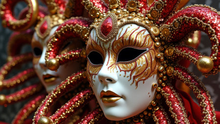 Intricate venetian carnival masks with gold and red details.の素材