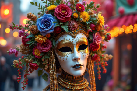 Venetian carnival mask adorned with colorful flowers in festive street atmosphere.の素材