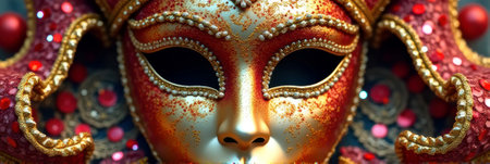 Intricate venetian carnival mask with red and gold detailing and gem accents.の素材