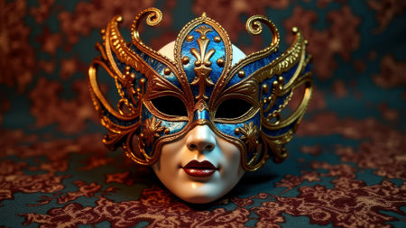 Intricate venetian mask with gold and blue details on ornate fabric.の素材