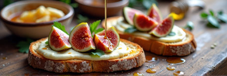 Fresh figs and creamy ricotta on toast drizzled with honey. That the image is generated using AI.の素材