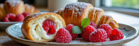 Delicious raspberry and cream-filled pastries with fresh raspberries on a plate. That the image is generated using AI.の素材