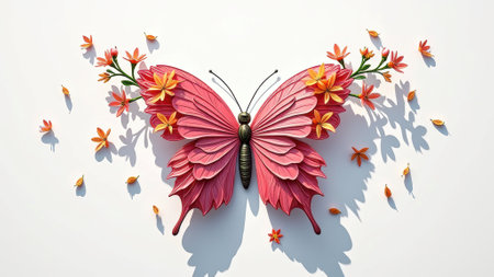 Colorful pink butterfly with orange flowers and shadow on white background. That the image is generated using AI.の素材