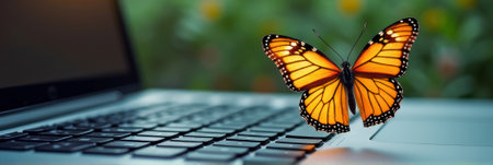 Vibrant monarch butterfly resting on laptop keyboard outdoors. That the image is generated using AI.の素材