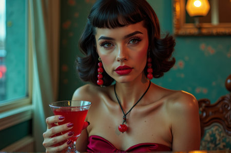 Young caucasian woman in vintage outfit holding red cocktail in elegant setting. That the image is generated using AI.の素材