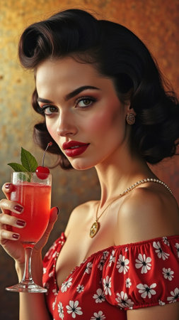 Glamorous young caucasian female with retro hairstyle holding a cocktail. That the image is generated using AI.の素材