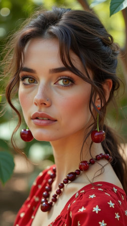 Young caucasian female with cherry earrings and necklace in nature. That the image is generated using AI.の素材