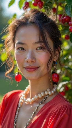 Asian young female smiling in garden with cherry earrings and red dress. That the image is generated using AI.の素材