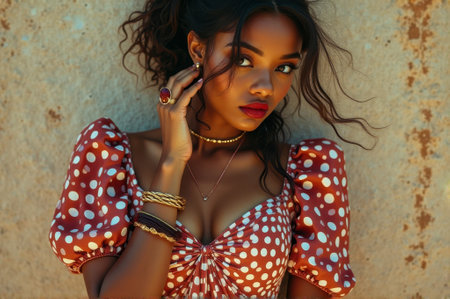 Hispanic female in polka dot dress with jewelry and red lipstick against textured wall. That the image is generated using AI.の素材