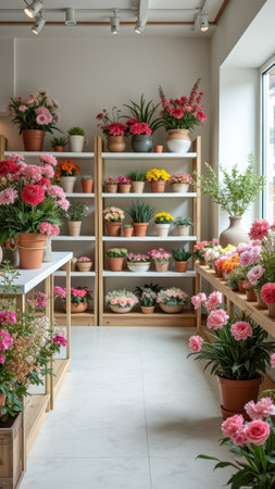 Bright flower shop with colorful arrangements of various blossoms in pots and vases. That the image is generated using AI.の素材