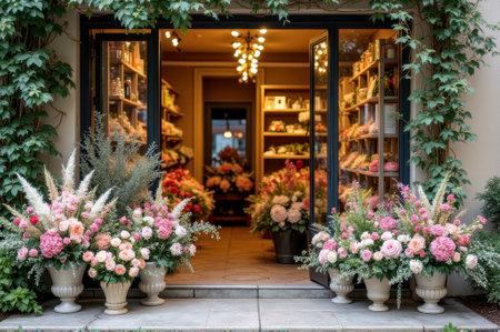 Charming florist shop entrance with vibrant floral arrangements. That the image is generated using AI.の素材