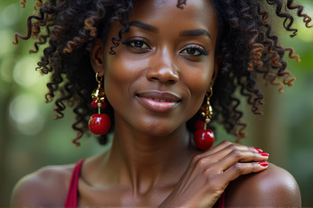 Smiling african female adult with curly hair and red earrings in natural setting. That the image is generated using AI.の素材