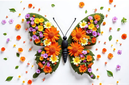 Colorful floral butterfly design with vibrant flowers on white background. That the image is generated using AI.の素材