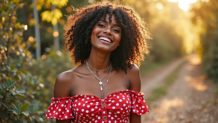 Smiling young african female in red polka dot dress on sunlit pathway. That the image is generated using AI.の素材