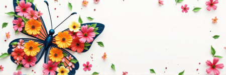Colorful butterfly with vibrant flowers and leaves on a white background. That the image is generated using AI.の素材