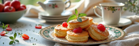 Fluffy pancakes with berries and mint in sunny kitchen scene. That the image is generated using AI.の素材