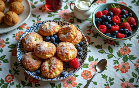 Delicious pastry plate with fresh berries and cream on floral tablecloth. That the image is generated using AI.の素材