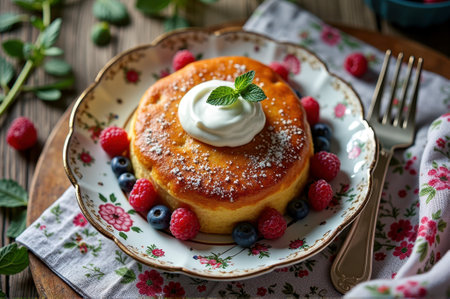 Delightful fluffy pancake with berries and whipped cream on floral plate. That the image is generated using AI.の素材