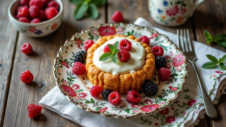 Delicious berry tart with cream garnished with fresh raspberries and blackberries on floral plate. That the image is generated using AI.の素材