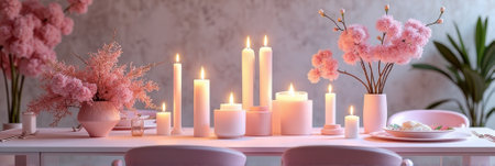 Elegant pink floral and candle table setting with soft lighting ambiance. That the image is generated using AI.の素材
