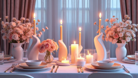 Elegant candlelit dinner table setting with pink flowers and white dinnerware. That the image is generated using AI.の素材