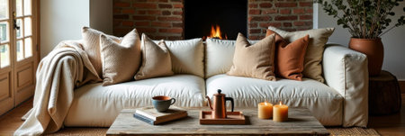 Cozy living room with fireplace, beige sofa, plush pillows, wooden coffee table, candles. That the image is generated using AI.の素材