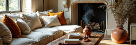 Cozy living room with rustic decor and modern fireplace. That the image is generated using AI.の素材