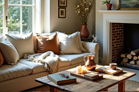 Cozy living room interior with sofa, wooden coffee table, and fireplace in sunlit setting. That the image is generated using AI.の素材