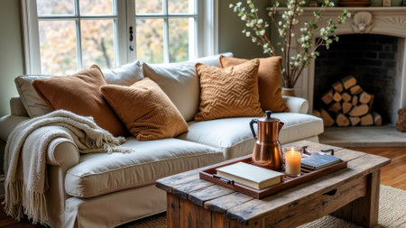 Cozy living room with cream sofa and wooden coffee table featuring candle and copper pot. That the image is generated using AI.の素材