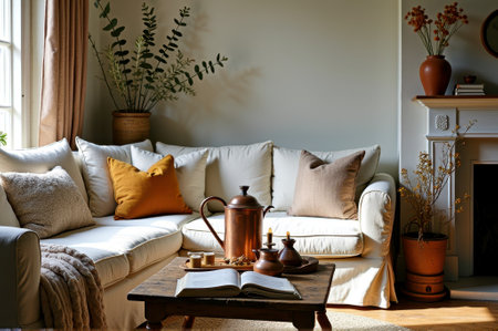 Cozy living room with white sofa and coffee set in warm natural light. That the image is generated using AI.の素材