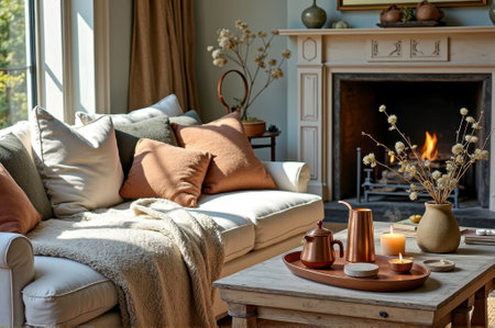 Cozy living room with elegant decor and fireplace ambiance. That the image is generated using AI.の素材