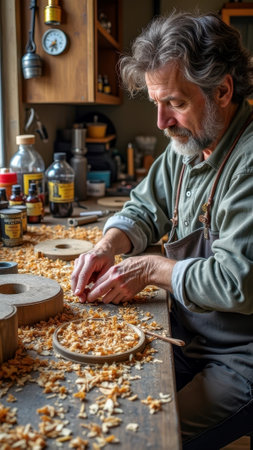 Caucasian mature male woodworker crafting detailed wooden pieces in workshop. That the image is generated using AI.の素材