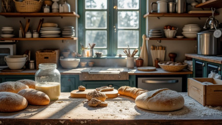 Sunlit rustic kitchen with freshly baked bread and milk on wooden table. That the image is generated using AI.の素材