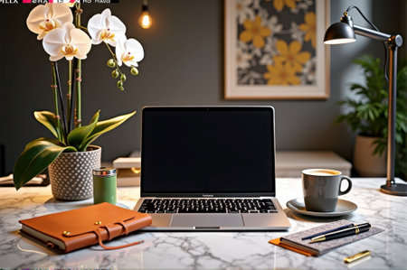 Cozy home office with laptop, orchid, coffee cup, and journal on marble desk. That the image is generated using AI.の素材