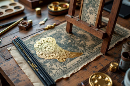 Vintage art tools on rustic desk with decorative gold leaf print and wooden easel. That the image is generated using AI.の素材