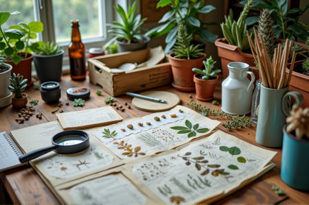 Botanical study setup with various plants and nature-inspired tools on wooden desk. That the image is generated using AI.の素材