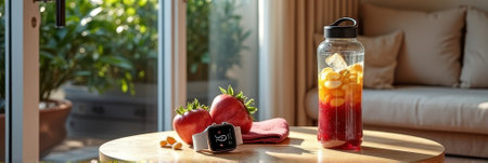 Cozy living room with fresh tomatoes, smartwatch, and refreshing fruit infused water. That the image is generated using AI.の素材