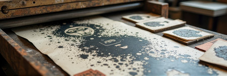 Vintage printing press creating artistic black ink print with animal design. That the image is generated using AI.の素材