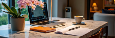 Cozy work space with open laptop, coffee cup, notepad, and orchid on marble desk. That the image is generated using AI.の素材